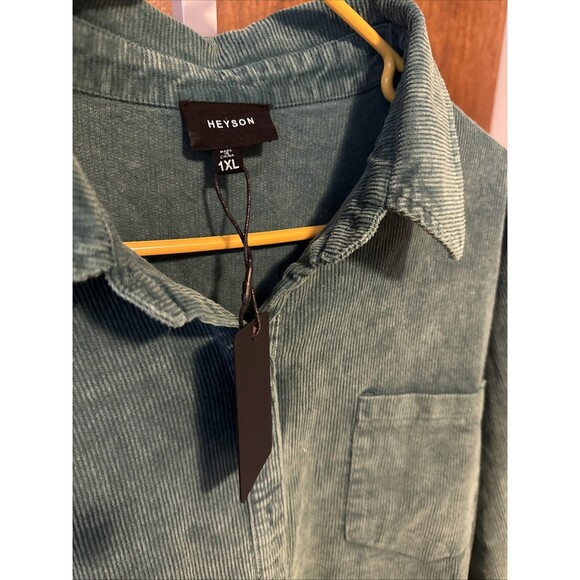 NEW Corduroy Long Shacket/Shirt W/Pocket Raw Edge Bottom sz1X Heyson Green - Picture 4 of 6